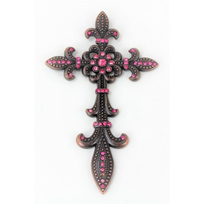 7003COP-PNK PINK CRYSTAL / COPPER WALL CROSS / W FDL DESIGN